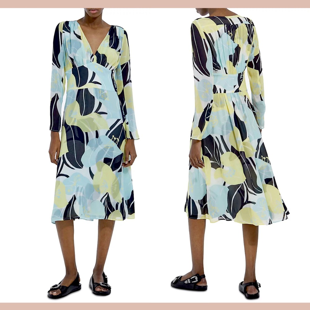 NWI $375 The Kooples [ Size 1 ] Hibiscus V Neck Empire Waist Midi Dress‎ #U1550